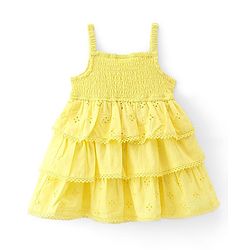 Babyhug 100% Cotton Woven Sleeveless Frock with Schiffli Design & Bow Applique - Yellow