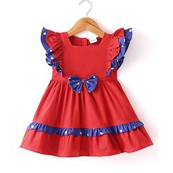 Babyhug Cotton Knit  Half Sleeves  Frock with Bow Detailing - Red