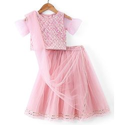 Babyhug  Short Sleeves  Choli   Lehenga Set &   Dupatta  with Sequence Detailing- Pink