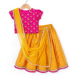Babyhug Half Sleeves Banarsi Brocade Choli with  Lehenga & Dupatta Set - Mustard