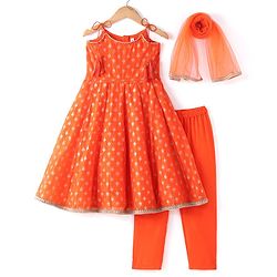 Babyhug Woven Sleeveless Brocade Kurti Chudidar and Dupatta Set - Orange