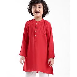 Babyhug Cotton Knit Full Sleeves Pintucked Kurta Solid Colour - Red
