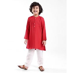 Babyhug Cotton Knit Full Sleeves Pintucked Kurta Solid Colour - Red