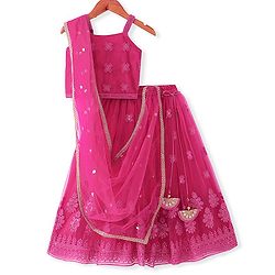 Babyhug Woven Sleeveless Net Sequinned  Embroidered Choli Lahenga and Dupatta-Hot Pink