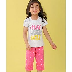 Babyhug Single Jersey Knit Half Sleeves Capri Night Suit Text & Star Print - Grey & Pink