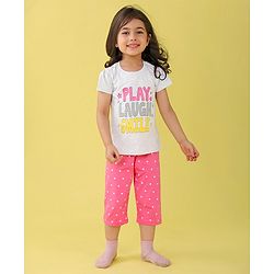 Babyhug Single Jersey Knit Half Sleeves Capri Night Suit Text & Star Print - Grey & Pink