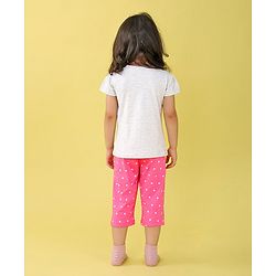 Babyhug Single Jersey Knit Half Sleeves Capri Night Suit Text & Star Print - Grey & Pink