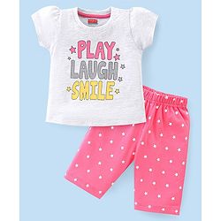Babyhug Single Jersey Knit Half Sleeves Capri Night Suit Text & Star Print - Grey & Pink