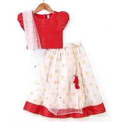 Babyhug Woven Half Sleeves Chanderi Butti Lehenga with Brocade Choli & Dupatta Set - White & Red