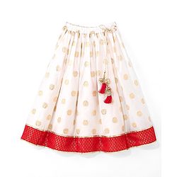 Babyhug Woven Half Sleeves Chanderi Butti Lehenga with Brocade Choli & Dupatta Set - White & Red
