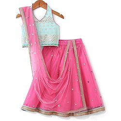 Babyhug Sleeveless  Foil Printed Choli & Embroidered  Lehenga Set with Dupatta - Pink & Blue