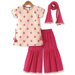 Babyhug Woven Half Sleeves Floral Embroidered Kurti Palazzo & Dupatta - Beige & Red