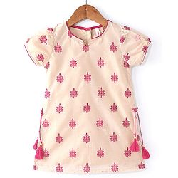 Babyhug Woven Half Sleeves Floral Embroidered Kurti Palazzo & Dupatta - Beige & Red