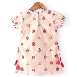 Babyhug Woven Half Sleeves Floral Embroidered Kurti Palazzo & Dupatta - Beige & Red