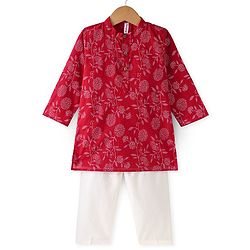 Babyhug 100% Cotton Woven Full Sleeves Kurta & Pyjama Set With Floral Print - Red & White