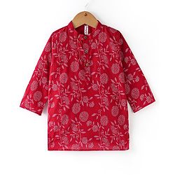 Babyhug 100% Cotton Woven Full Sleeves Kurta & Pyjama Set With Floral Print - Red & White