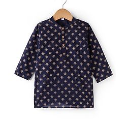 Babyhug 100% Cotton Woven Full Sleeves Kurta & Pyjama Set With Foil Print - Navy Blue & White