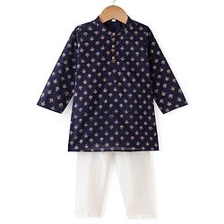 Babyhug 100% Cotton Woven Full Sleeves Kurta & Pyjama Set With Foil Print - Navy Blue & White