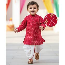 Babyhug 100% Cotton Woven Full Sleeves Kurta & Dhoti Set With Floral Print - Red