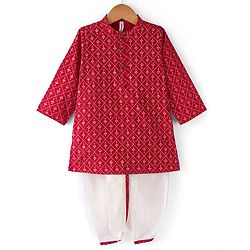 Babyhug 100% Cotton Woven Full Sleeves Kurta & Dhoti Set With Floral Print - Red