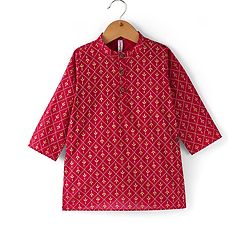 Babyhug 100% Cotton Woven Full Sleeves Kurta & Dhoti Set With Floral Print - Red