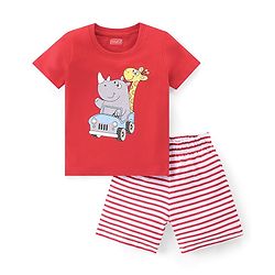Babyhug Single Jersey Knit Half Sleeves Night Suit Stripes & Giraffe Print - Red