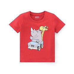 Babyhug Single Jersey Knit Half Sleeves Night Suit Stripes & Giraffe Print - Red