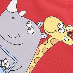 Babyhug Single Jersey Knit Half Sleeves Night Suit Stripes & Giraffe Print - Red