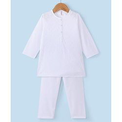 Babyhug 100% Cotton Woven Schiffly Full Sleeves Kurta & Pyjama Set Solid Colour - White