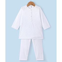 Babyhug 100% Cotton Woven Schiffly Full Sleeves Kurta & Pyjama Set Solid Colour - White
