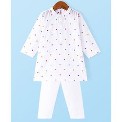 Babyhug 100% Cotton Woven Embroidered Full Sleeves Kurta Pyjama Set Solid Colour - White