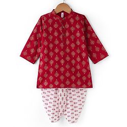 Babyhug Cotton Woven Full Sleeves Hand Block Printed Kurta & Dhoti Set - Red & White