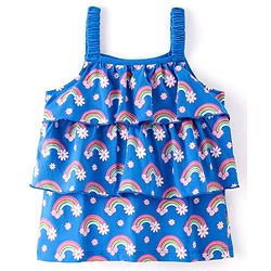 Babyhug Cotton Knit Sleeveless Floral & Rainbow Printed Top - Blue & Pink
