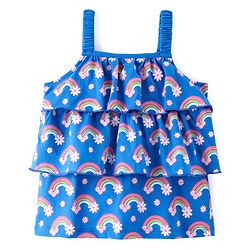 Babyhug Cotton Knit Sleeveless Floral & Rainbow Printed Top - Blue & Pink