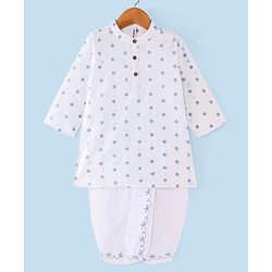 Babyhug 100% Cotton Foil Printed Full Sleeves Kurta & Dhoti Set - White & Blue