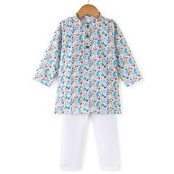 Babyhug 100% Cotton Woven Full Sleeves Kurta & Pyjama Set With Abstract Print - Blue & White