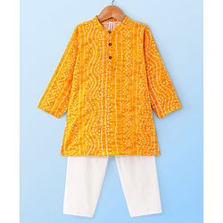Babyhug 100% Cotton Woven Full Sleeves Bandhani Print Kurta Pyjama Set - Yellow