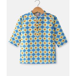 Babyhug 100% Cotton Woven Full Sleeves Kurta & Dhoti Set With Hand Block Print -Multicolour