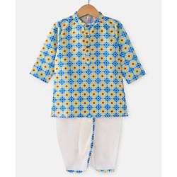 Babyhug 100% Cotton Woven Full Sleeves Kurta & Dhoti Set With Hand Block Print -Multicolour