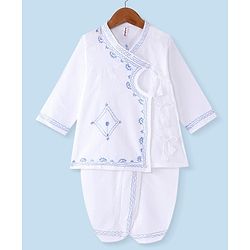 Babyhug 100% Cotton Woven Angarakha Full Sleeves Embroidered Kurta & Dhoti Set -White & Blue
