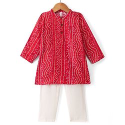 Babyhug 100% Cotton Woven Full Sleeves Bandhani Printed Kurta Pajama Set - Red