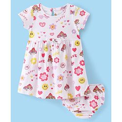 Babyhug Single Jersey Knit Half Sleeves Frock with Bloomer Floral & Heart Print - White
