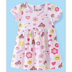 Babyhug Single Jersey Knit Half Sleeves Frock with Bloomer Floral & Heart Print - White