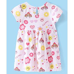 Babyhug Single Jersey Knit Half Sleeves Frock with Bloomer Floral & Heart Print - White