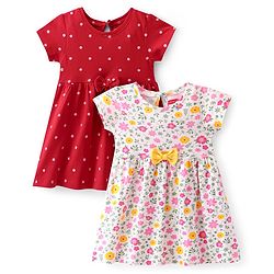 Babyhug 100% Cotton Single Jersey Knit Half Sleeves Frock Floral Print Pack Of 2 - Pink & Red