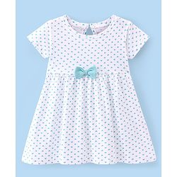 Babyhug 100% Cotton Knit Single Jersey Half Sleeves Frock With Heart Print & Bow Applique - White