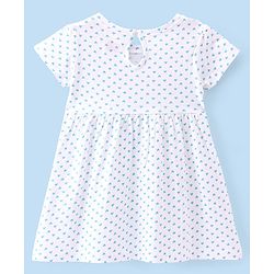 Babyhug 100% Cotton Knit Single Jersey Half Sleeves Frock With Heart Print & Bow Applique - White