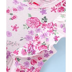 Babyhug 100% Cotton Single Jersey Knit Frill Sleeves Frock With Bow Applique Floral Print - Pink