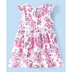 Babyhug 100% Cotton Single Jersey Knit Frill Sleeves Frock With Bow Applique Floral Print - Pink