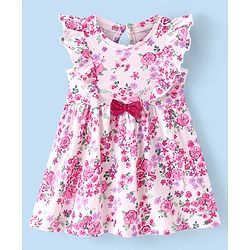 Babyhug 100% Cotton Single Jersey Knit Frill Sleeves Frock With Bow Applique Floral Print - Pink